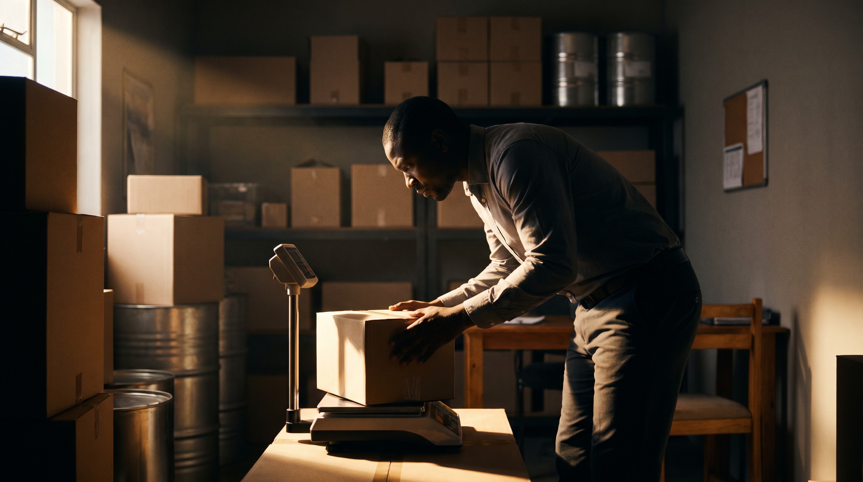 Agent GFS EXPRESS pesant un colis sur une balance électronique en agence, entouré de cartons et fûts prêts à l'expédition.