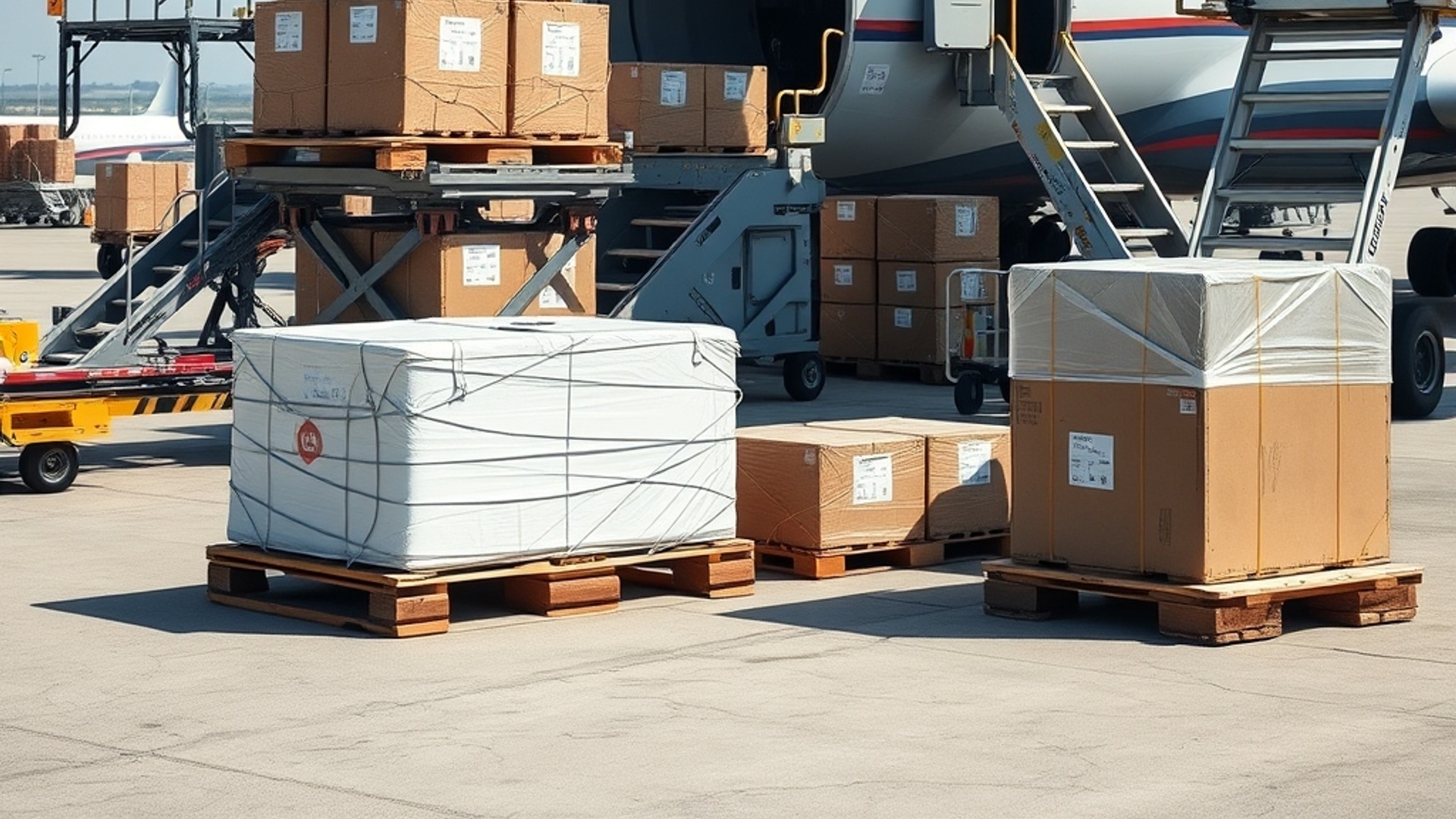 Cargaison de fret aérien chargée sur un avion cargo, palettes et cartons sur le tarmac.