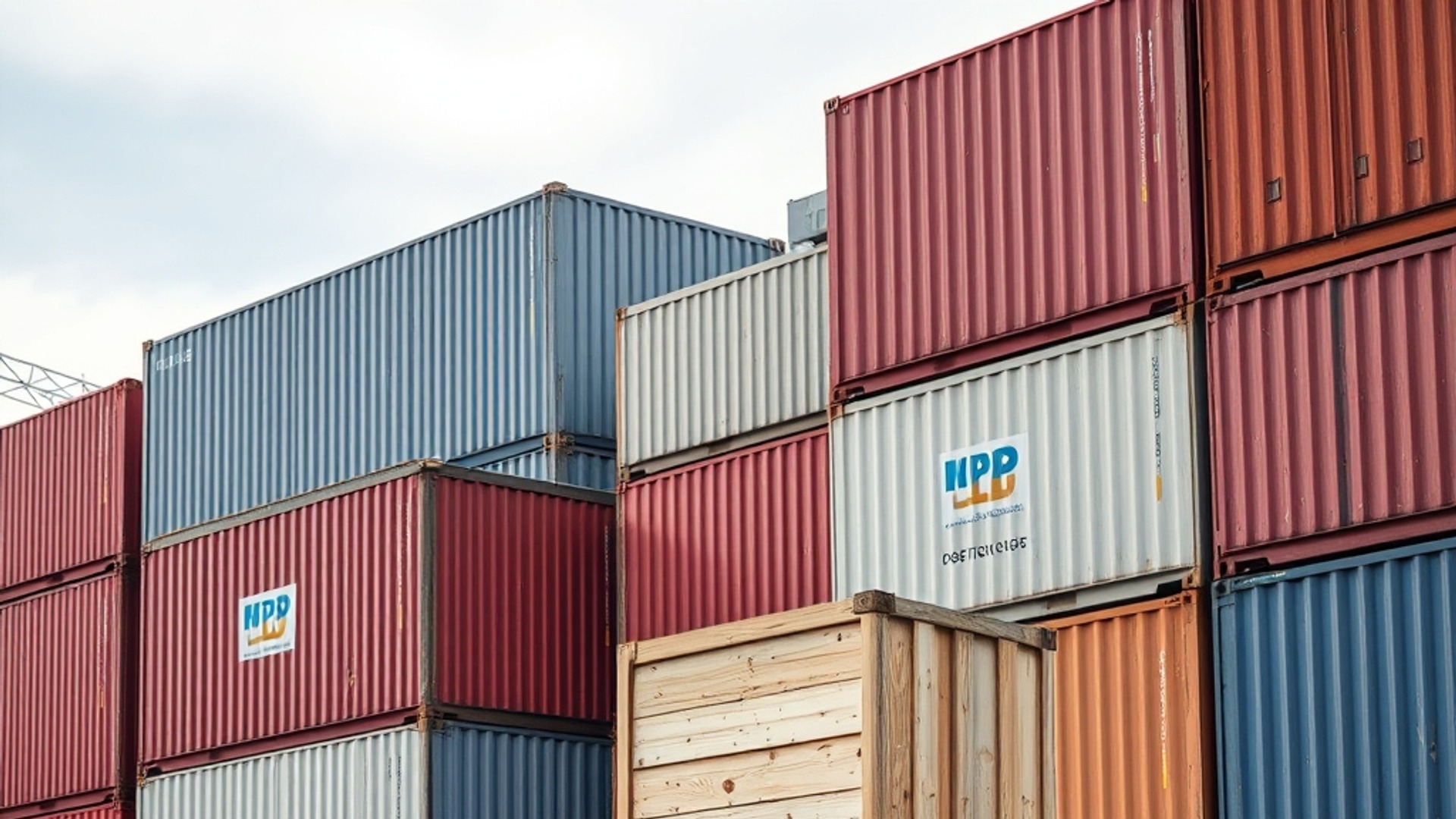 Conteneurs de fret empilés sur un quai portuaire, chariot élévateur déplaçant une caisse en bois.